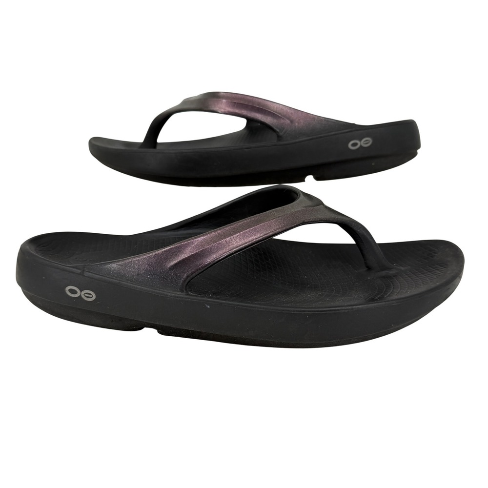 Oofos OOlala Recovery Thong Sandal Womens 10 Black Metallic Purple Shimmer
